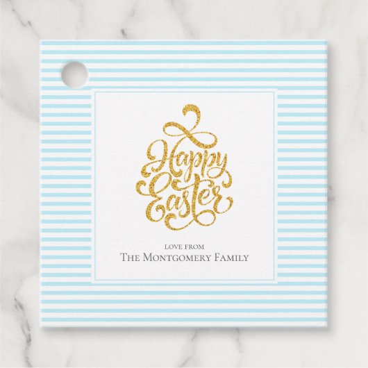 Elegant Gold Happy Easter Blue Striped Gift Labels (Voorkant)