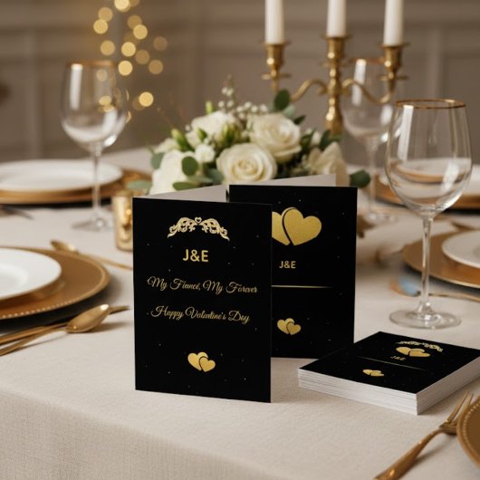 Elegant Gold Heart & Black Gradient Personalized V Kaart