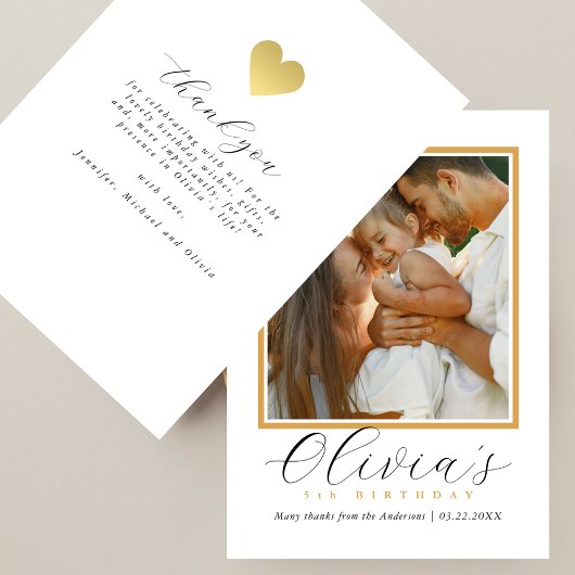Elegant Gold Heart Script Photo Birthday Bedankkaart