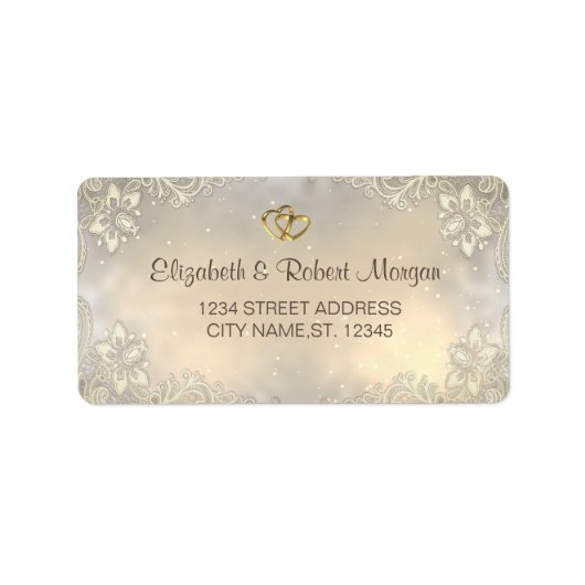 Elegant Gold Hearts Lace Wedding Etiket (Voorkant)