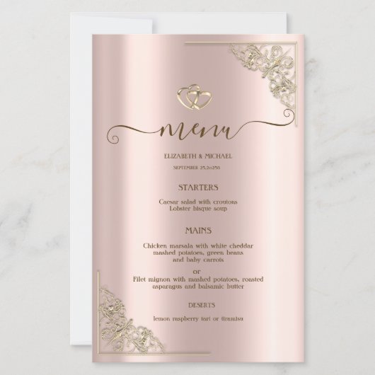 Elegant Gold Hearts Rose Gold Wedding Menu Card (Devant)