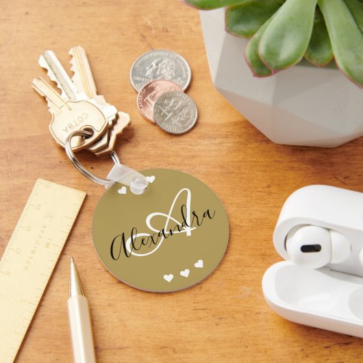 Elegant Gold Hearts Script Monogram Naam Sleutelhanger (Bureau)
