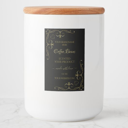Elegant Gold  hoeken op zwart productlabel Voedselcontainer Etiket (Voorkant)