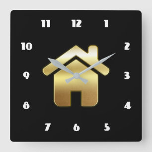 Elegant Gold House Symbol Real Estate Design Vierkante Klok
