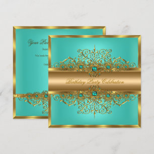 Elegant Gold Jade Blauwgroen Pearls Birthday Party Kaart