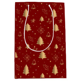 Elegant Gold-kerstbomen en cellen op rood Medium Cadeauzakje