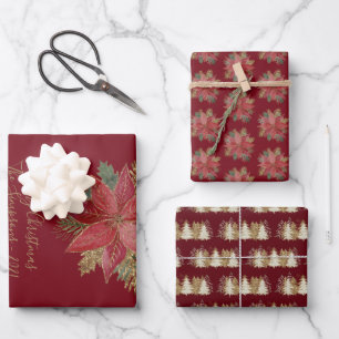 Elegant Gold kerstbomen Red Poinsettia Floral Inpakpapier Vel