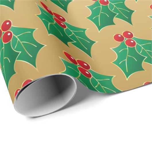 Elegant Gold Kerstkerst Holly Gift Wrap Cadeaupapier (Rol Hoek)
