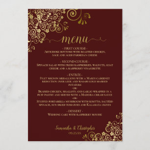 Elegant Gold Lace Frills Auburn Brown Wedding Menu