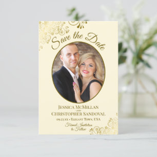 Elegant Gold Lace Oval Foto Ivory Cream Wedding Save The Date
