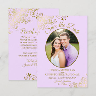 Elegant Gold Lace Oval Foto Lila Paars Weddenschap Save The Date