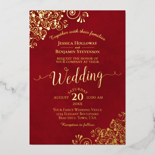 Elegant Gold Lace over het Rode-vriendschappelijke Folie Uitnodiging (Voorkant)