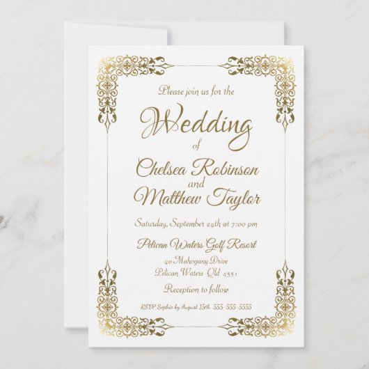 Elegant Gold  Lace Wedding Invitation Kaart (Voorkant)