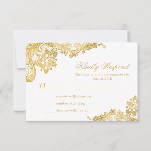 Elegant Gold Lace Wedding RSVP Kaart (Voorkant)