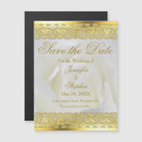 Elegant Gold Lace White Rose Wedding Save the Date