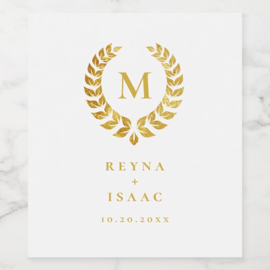 Elegant Gold Laurel Wreater Monogram White Wijn Etiket (Enkel label)
