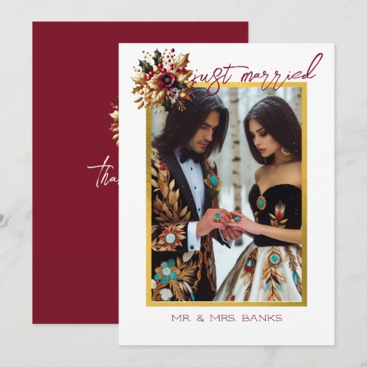 Elegant Gold Leaf Mariage photo Merci carte (Devant / Derrière)