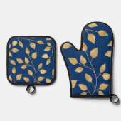 Elegant Gold Leaf Navy sierblad ontwerp Ovenwant & Pannenlap Set (Voorkant)