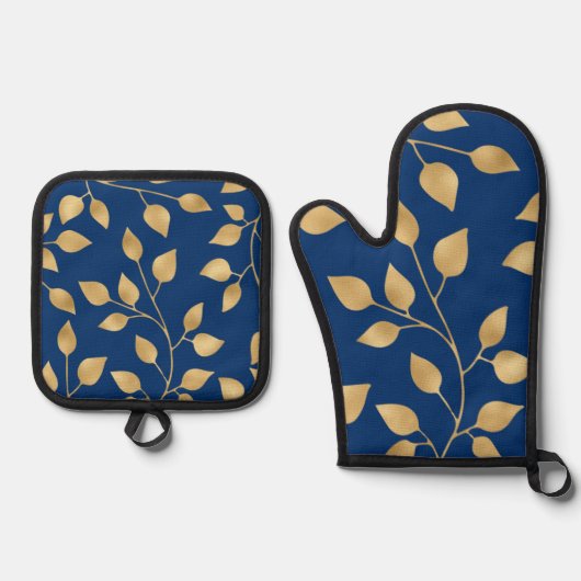 Elegant Gold Leaf Navy sierblad ontwerp Ovenwant & Pannenlap Set (Voorkant)