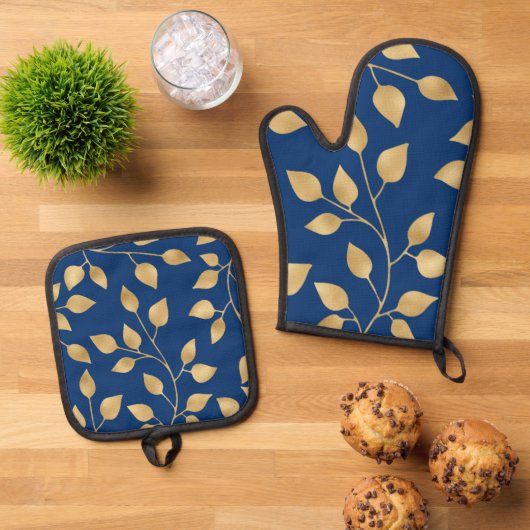 Elegant Gold Leaf Navy sierblad ontwerp Ovenwant & Pannenlap Set (Top down)