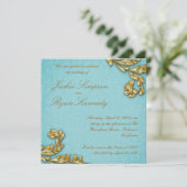 Elegant Gold Leaf Wedding Invite Floral Blue Kaart (Staand voorkant)