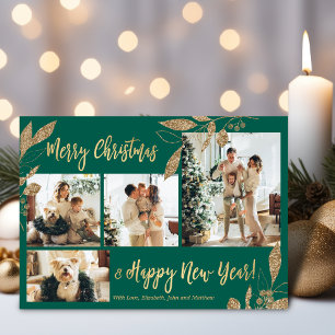 Elegant Gold Leafy 4 Photo Collage Kerstmis Briefkaart