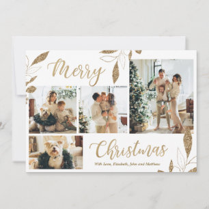 Elegant Gold Leaves 4 Photo Collage kerstkaart