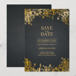 Elegant Gold Leaves, Black Save the Date Wedding Kaart