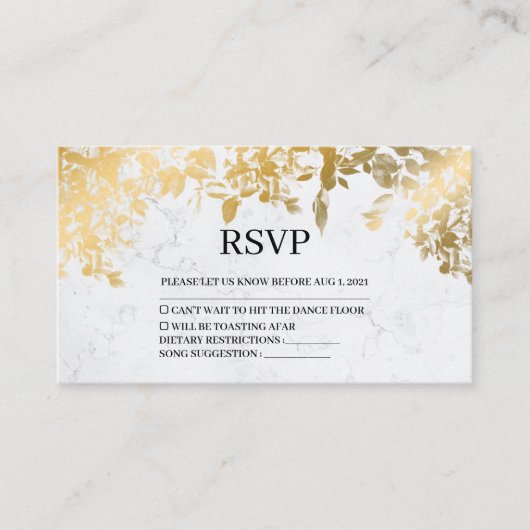 Elegant Gold Leaves Marble Wedding Rsvp Kaart (Voorkant)