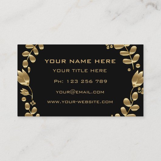 Elegant Gold Leaves Tulips Black Business Card Visitekaartje (Achterkant)
