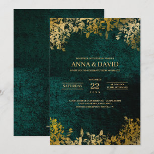 Elegant Gold Leaves Velvet Green Wedding Kaart