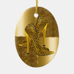 Elegant Gold Leopard High Hielschoen Dier Keramisch Ornament