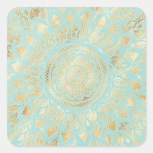 Elegant Gold Light Teal Mandala Floral Vierkante Sticker