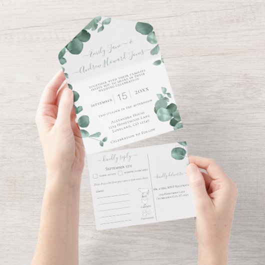 Elegant Gold Lijst Eucalyptus Menu Keuze bruiloft All In One Uitnodiging (Afscheurbaar)