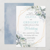 Elegant Gold Lijst Greenery Dusty Blue Wedding Kaart (Voorkant / Achterkant)