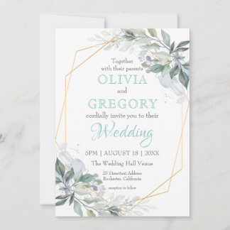 Elegant Gold Lijst Greenery Dusty Blue Wedding Kaart
