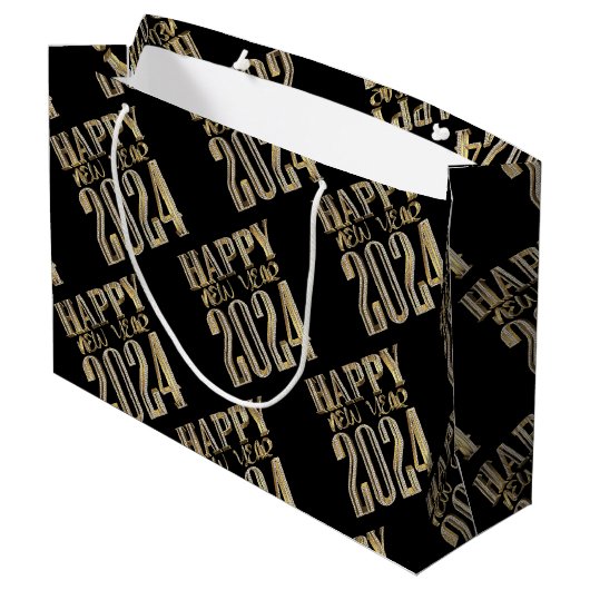 Elegant Gold Look Script Zwart Gelukkig Nieuwjaar Groot Cadeauzakje (Achterkant Gekanteld)