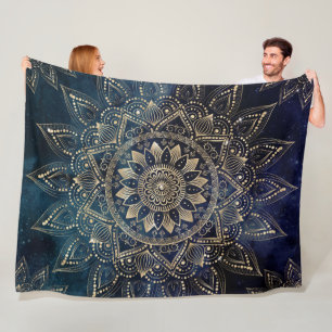 Elegant Gold Mandala Blue Galaxy Design Fleece Deken