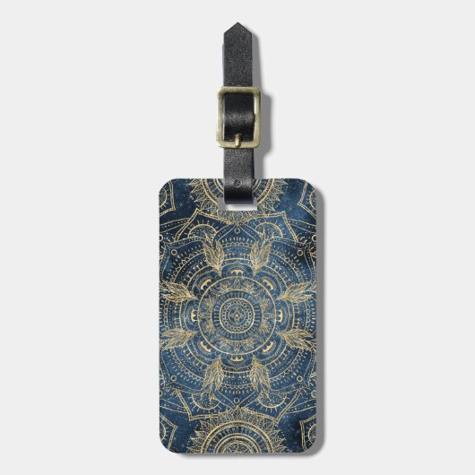 Elegant Gold Mandala Blue Whimsy Design Bagagelabel (Voorkant verticaal)