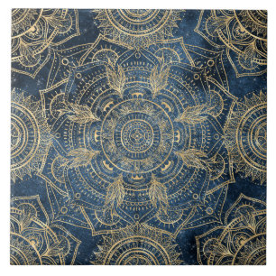 Elegant Gold Mandala Blue Whimsy Design Tegeltje