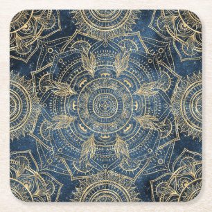 Elegant Gold Mandala Blue Whimsy Design Vierkante Kartonnen Onderzetter