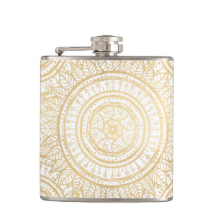 Elegant Gold Mandala Sunflower White Pattern Heupfles