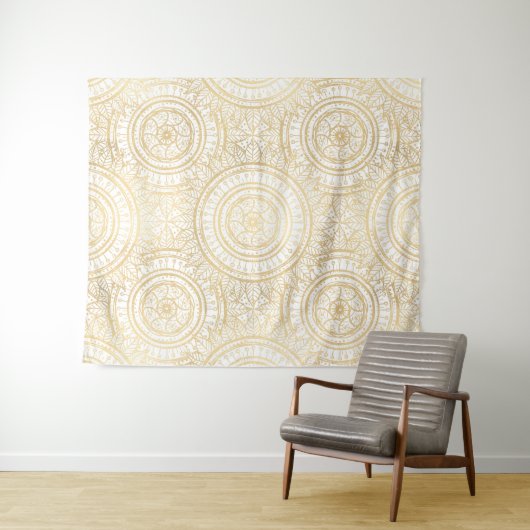 Elegant Gold Mandala Sunflower White Pattern Wandkleed (In Situ (horizontaal))