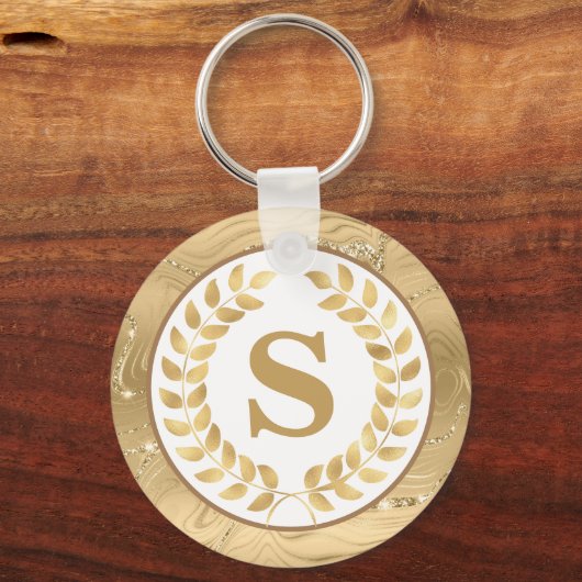 Elegant Gold Marble & Laurel Wreath Personalized Sleutelhanger (Achterkant)