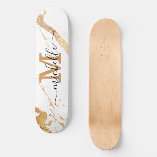 Elegant Gold Marble Monogram Script Skateboard (Voorkant)