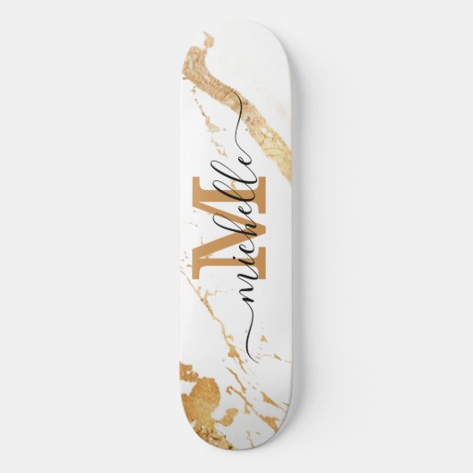 Elegant Gold Marble Monogram Script Skateboard (Voorkant)