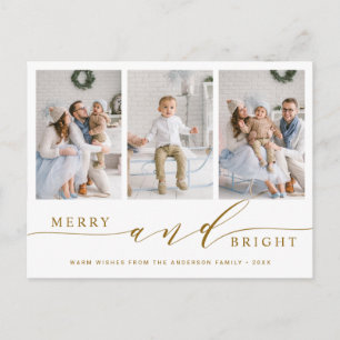 Elegant Gold Merry & Bright 3 Foto Holiday Briefkaart