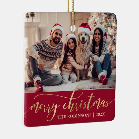 Elegant Gold Merry Christmas Script Photo Red Keramisch Ornament (Rechts)