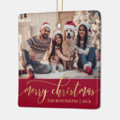 Elegant Gold Merry Christmas Script Photo Red Keramisch Ornament (Links)