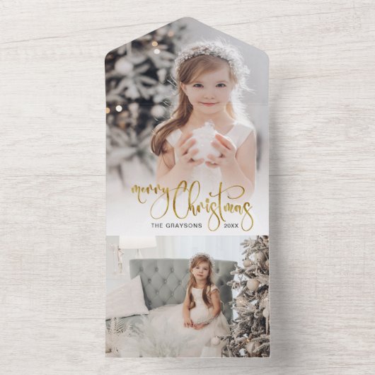 Elegant Gold Merry-kerstkalligrafie Foto All In One Uitnodiging (Binnen)